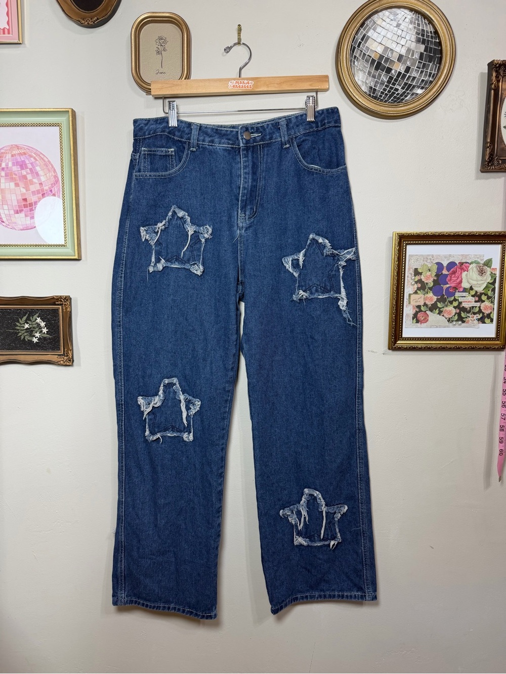 Women's Dark Blue Straight-Leg Jeans with Star Distressed Patches